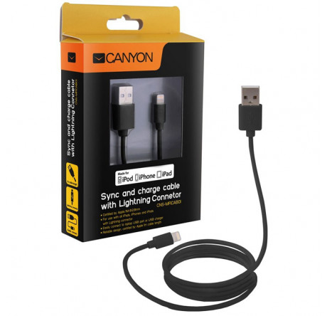 Canyon CNS-MFICAB01B Ultra-compact MFI Cable, certified by Apple, 1M length , 2.8mm , black c Кабель CANYON - krestsy-experts.ru – фото 1