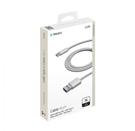 Deppa Alum USB Type-C - USB Type-C, алюминий/нейлон, USB 2.0, 3A, 1.2м, 1.2м, серебро, Deppa Кабель  DEPPA - krestsy-experts.ru – фото 1