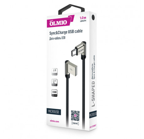 OLMIO 038867 USB 2.0 - microUSB, 1м, угловой, тканевая оплетка, цвет черный Кабель  PARTNER - krestsy-experts.ru – фото 1